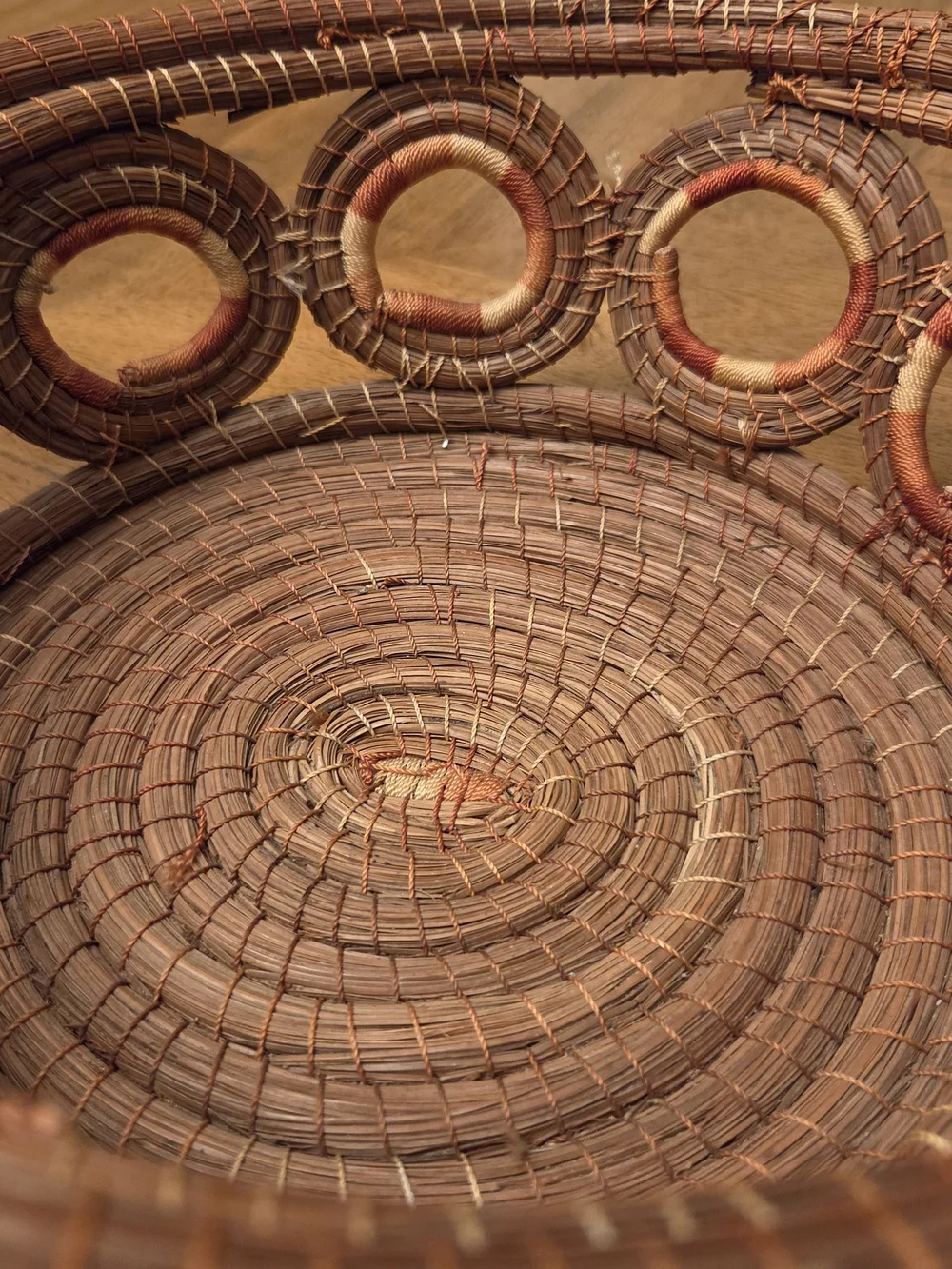 Handcrafted Coiled Pine Needle Basket Openwork Ring Design Boho Folk Art Rustic